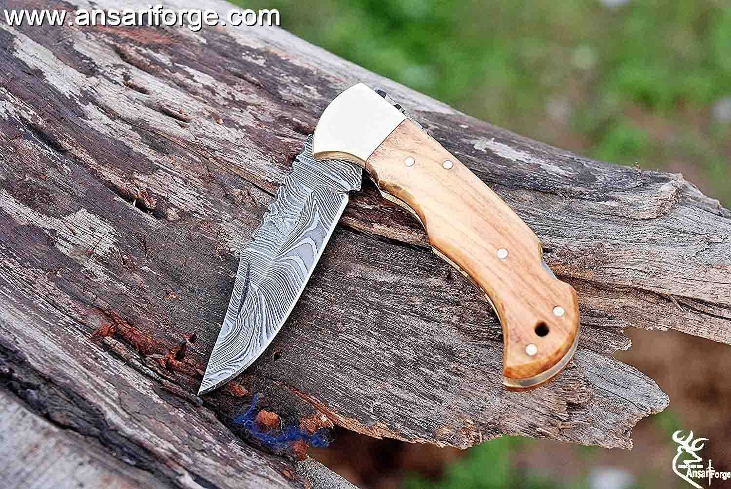 Damascus steel pocket knife handmade lock back folding knife Leather cover sheath