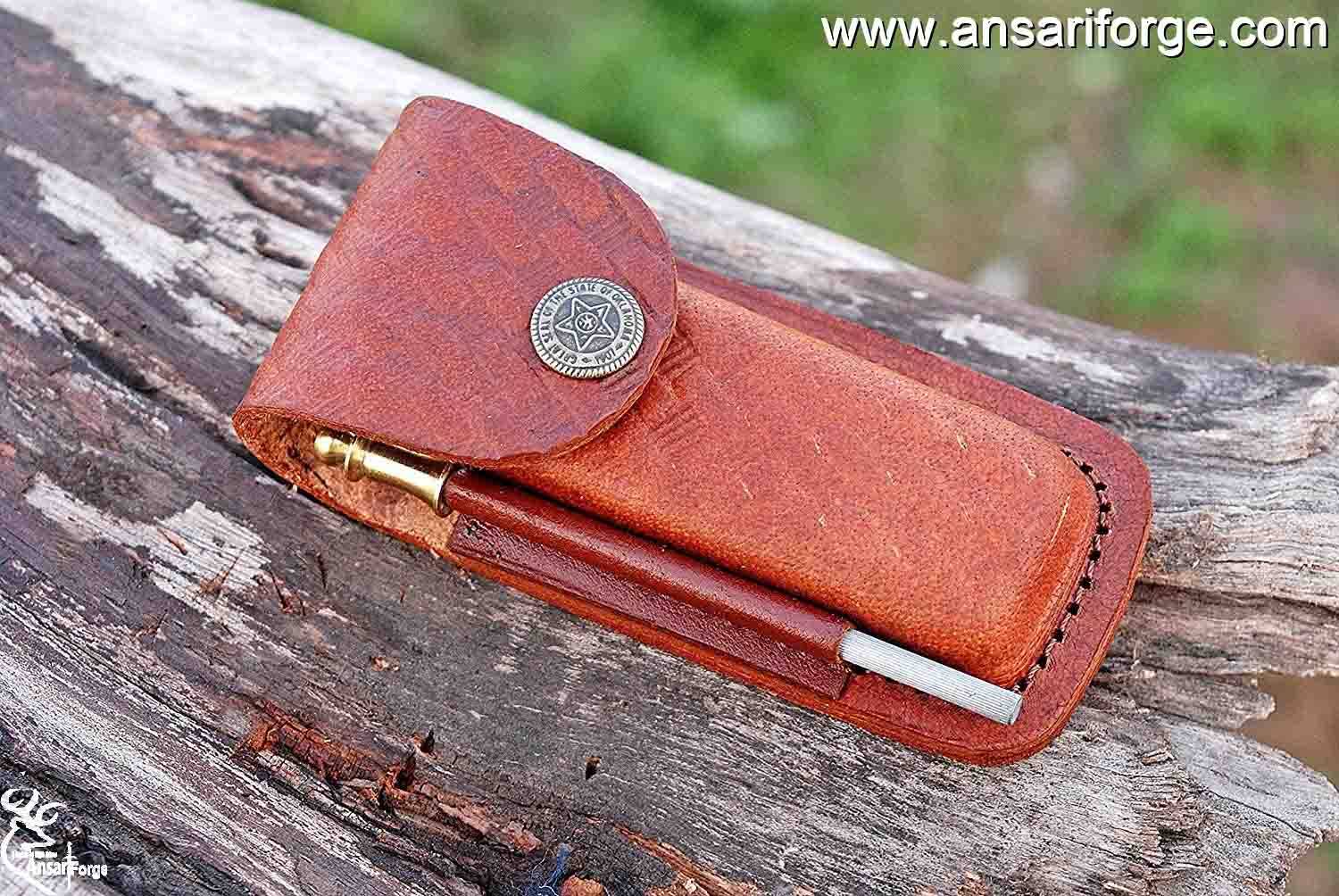 Damascus steel pocket knife handmade lock back folding knife Leather cover sheath
