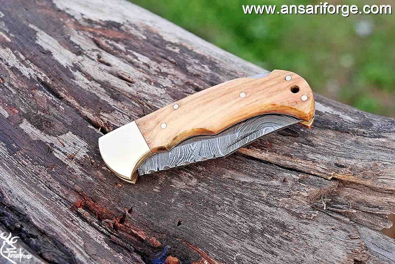 Damascus steel pocket knife handmade lock back folding knife Leather cover sheath