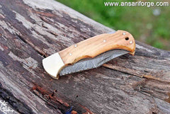 Damascus steel pocket knife handmade lock back folding knife Leather cover sheath