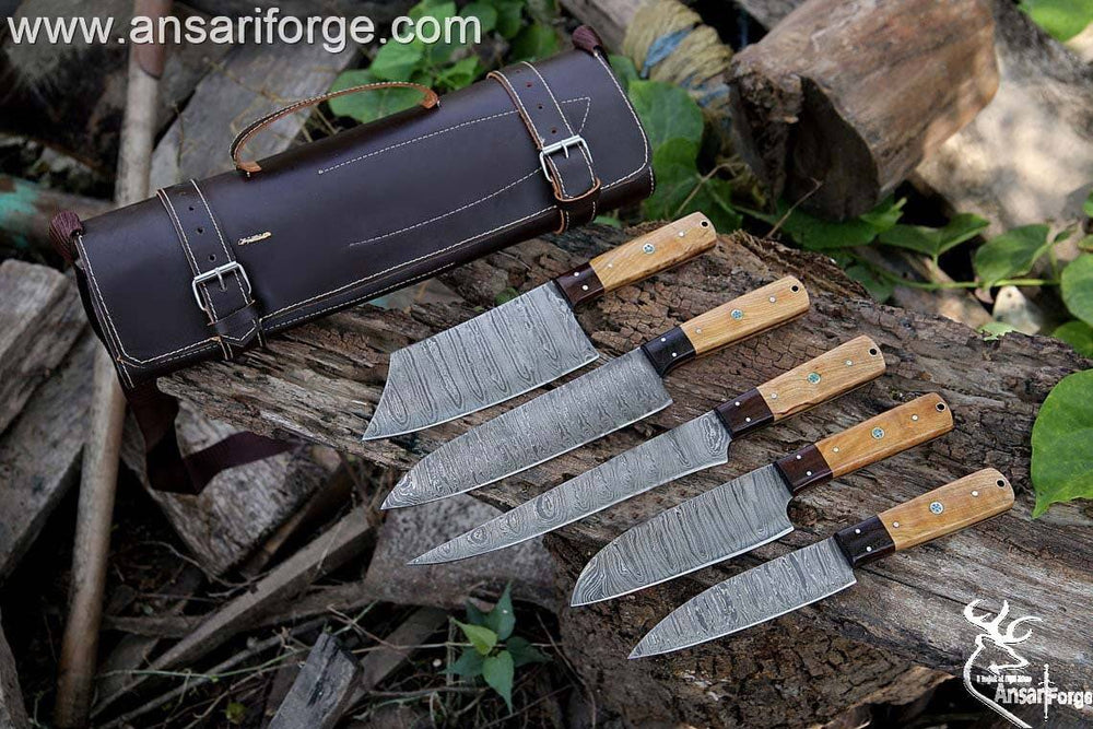 5 Knives Set Damascus Chef Knife Case Roll Bag