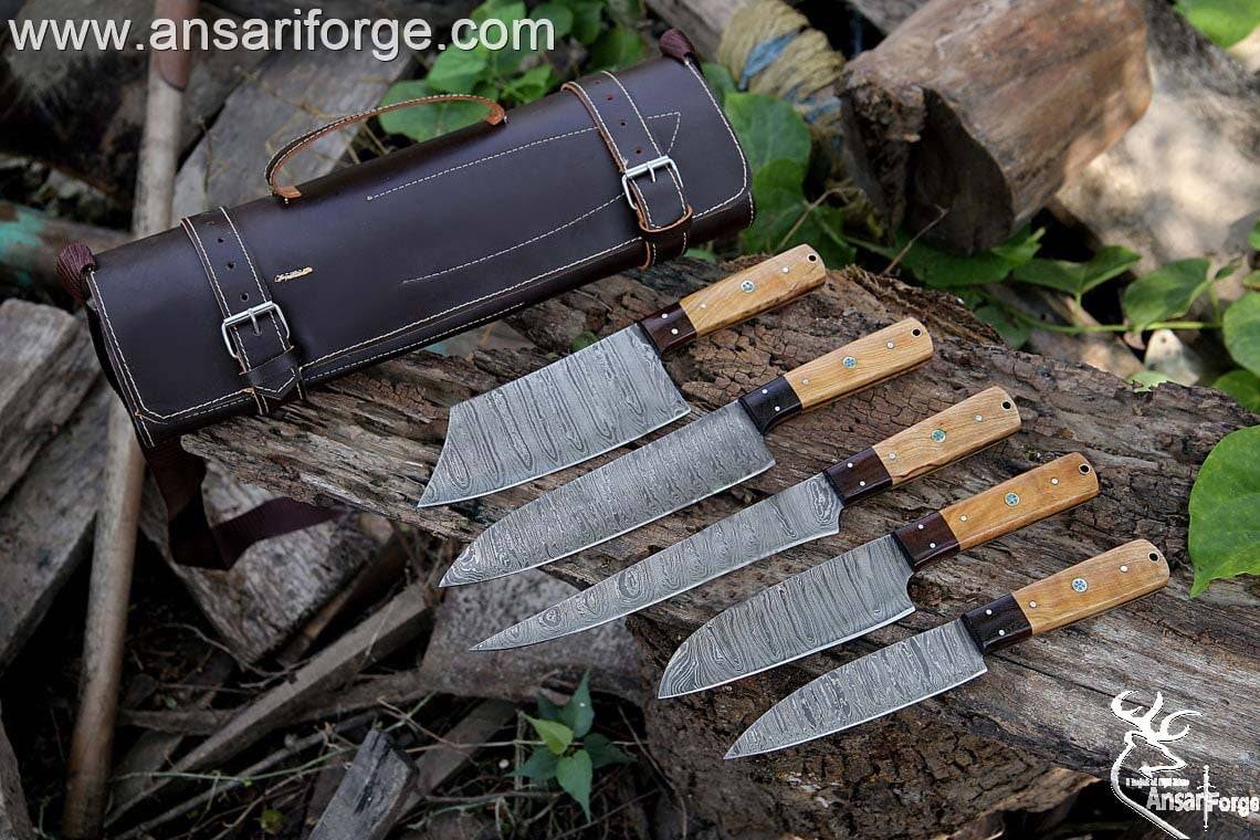 5 Knives Set Damascus Chef Knife Case Roll Bag