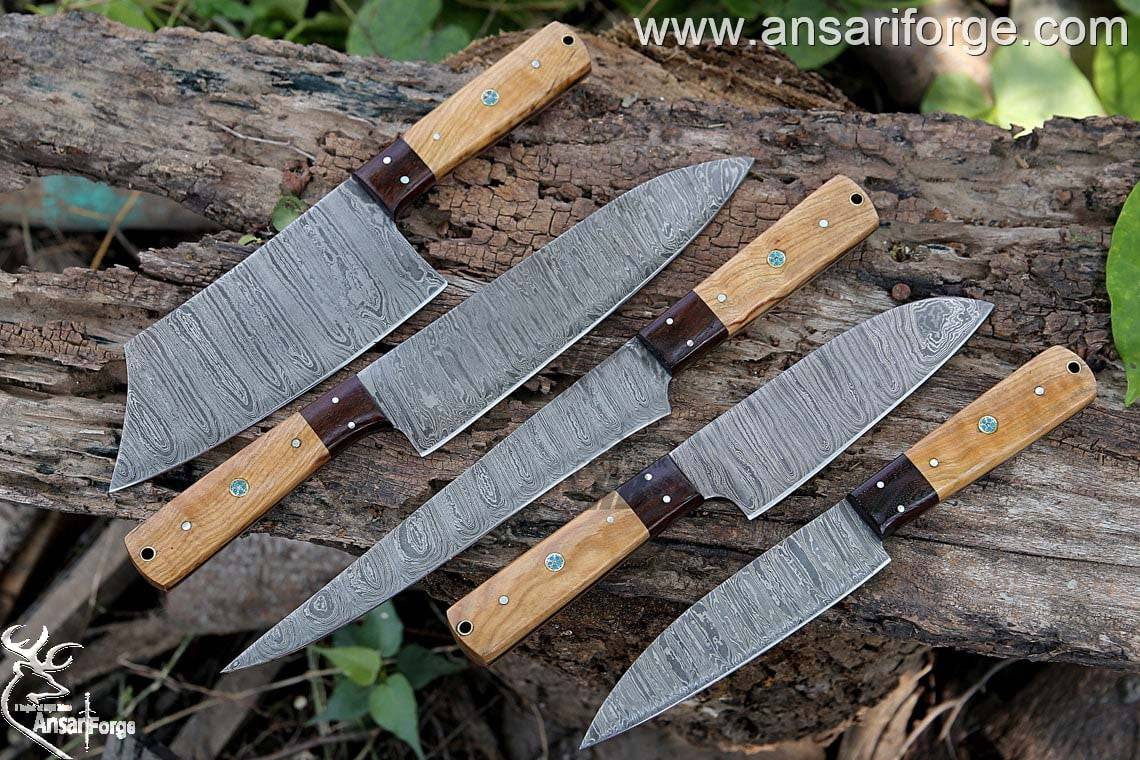 5 Knives Set Damascus Chef Knife Case Roll Bag