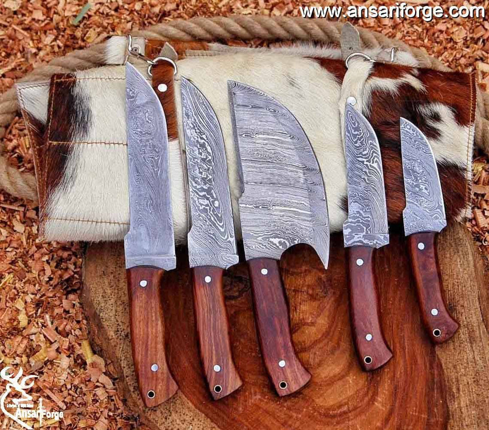Handmade Damascus Kitchen Knife Set With Roll Bag