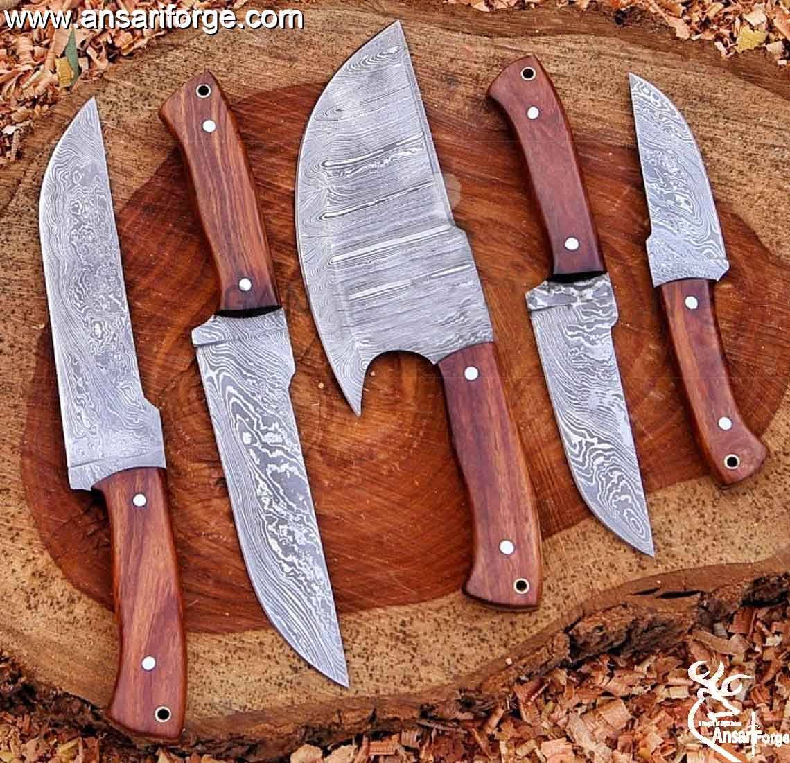 Handmade Damascus Kitchen Knife Set With Roll Bag