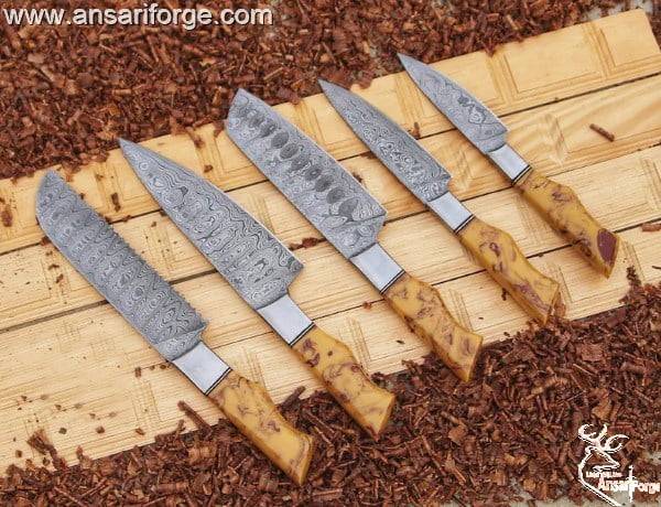 Custom handmade Damascus steel kitchen knives set 5 pieces
