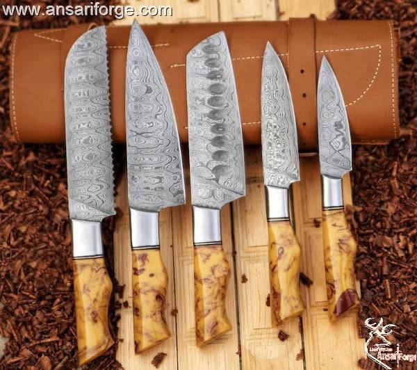Custom handmade Damascus steel kitchen knives set 5 pieces