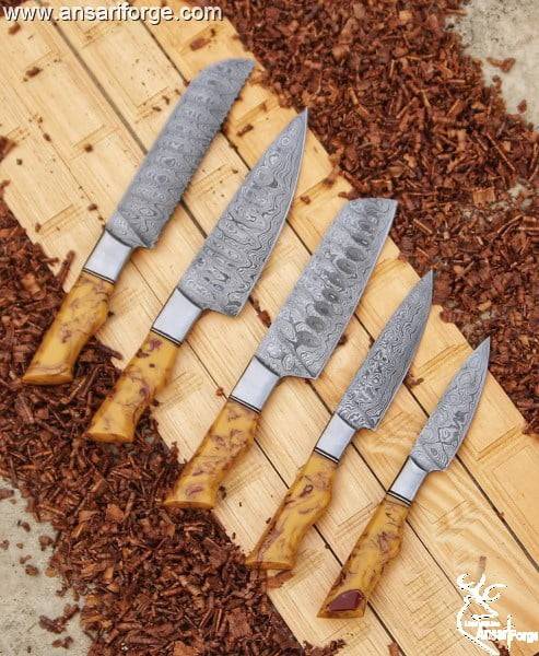Custom handmade Damascus steel kitchen knives set 5 pieces