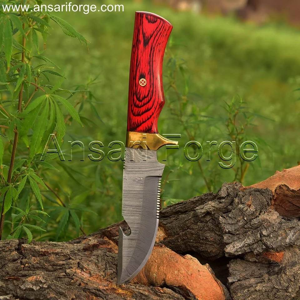 Ruby Ranger Custom Gut Hook Knife , Hand forge Damascus steel Blade & Pakka wood red handle