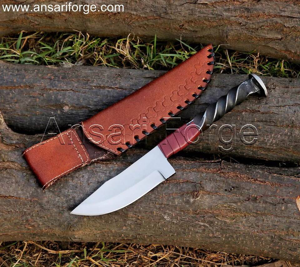 Hand forged railroad spike knife , 1095 high carbon steel and leather sheath