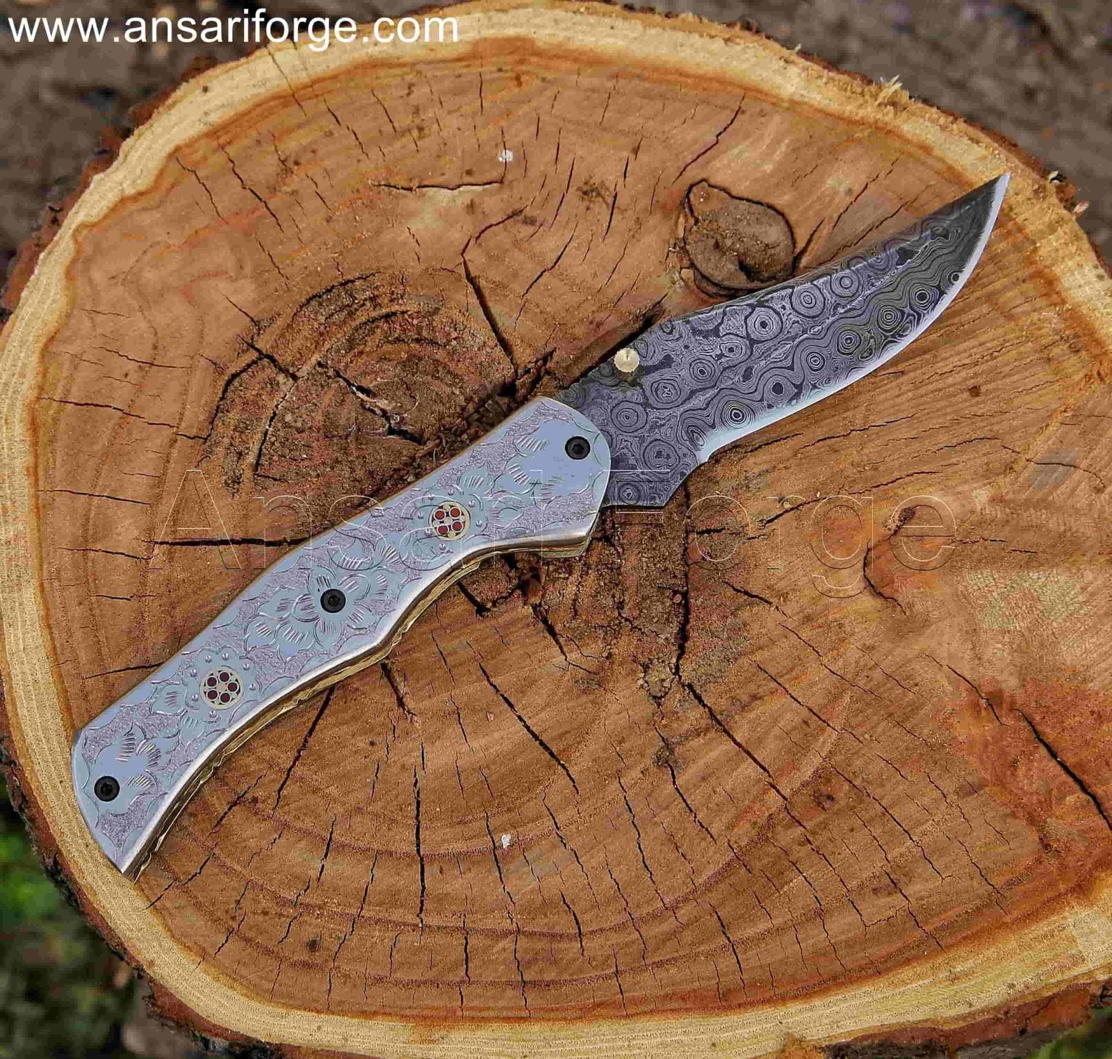Open Damascus Folding Knife with Raindrop Pattern