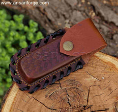 Damascus Folding Knife in Leather Sheath