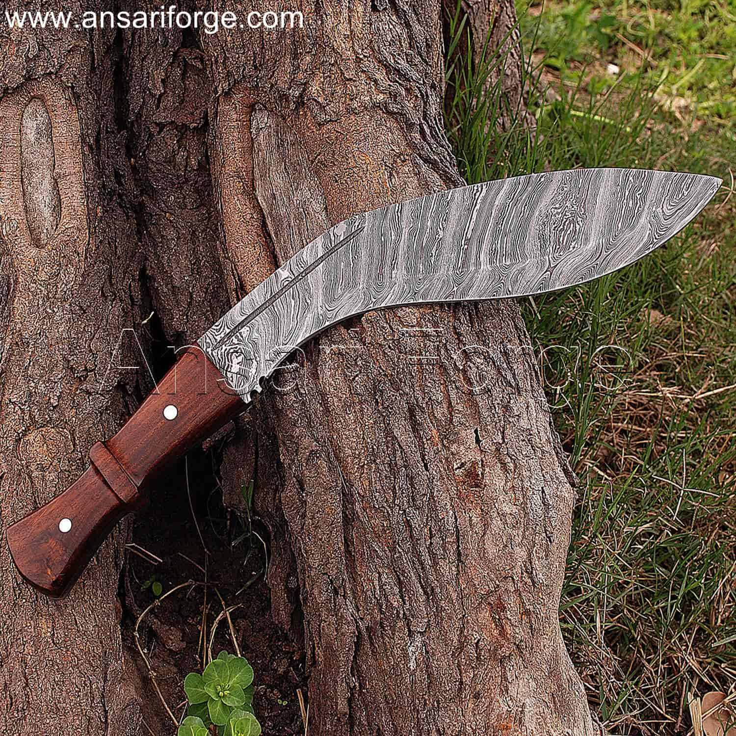 Damascus steel kukri machete with curved blade, rosewood handle, and leather sheath.