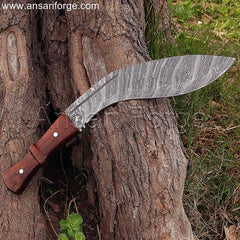 Damascus steel kukri machete with curved blade, rosewood handle, and leather sheath.