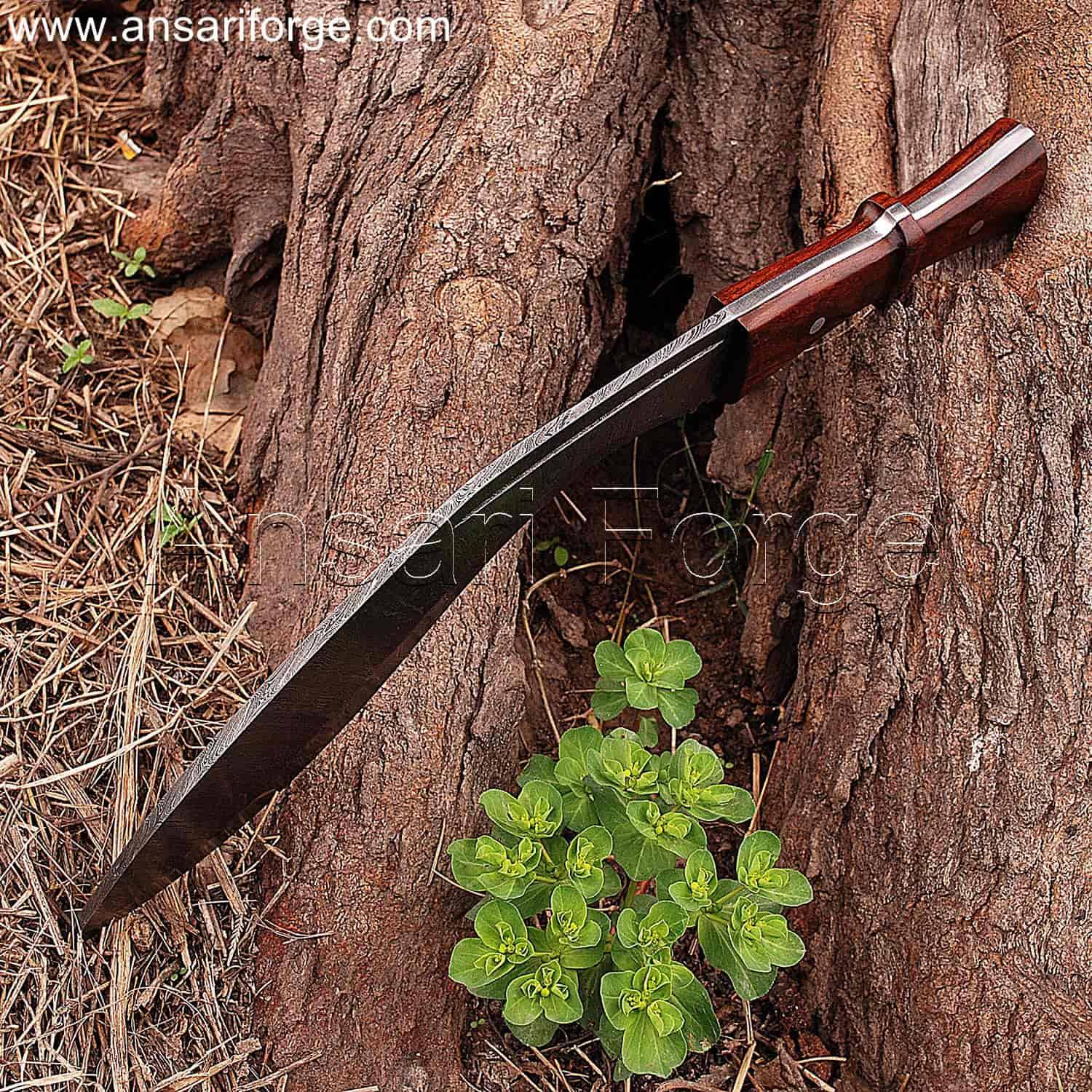 Full tangDamascus steel kukri machete with curved blade, rosewood handle, and leather sheath.