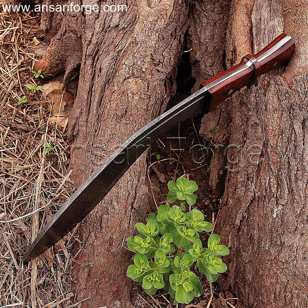 Full tangDamascus steel kukri machete with curved blade, rosewood handle, and leather sheath.