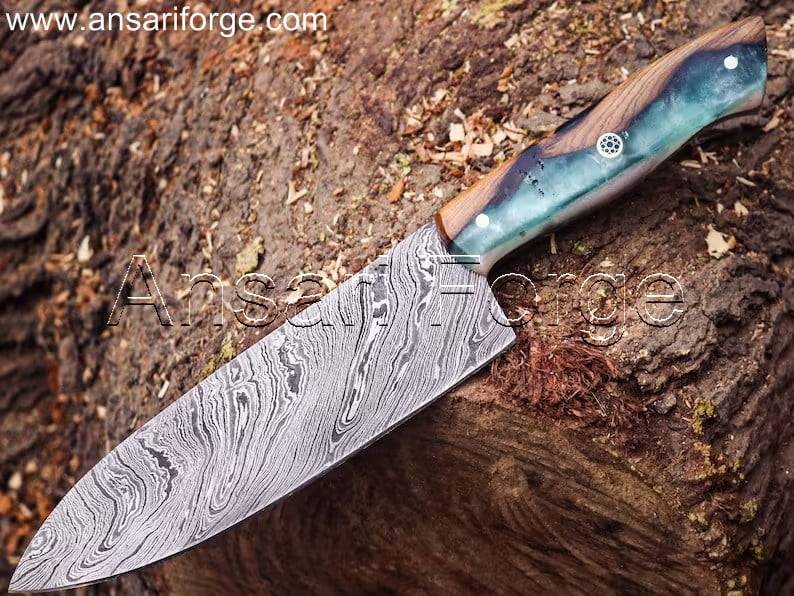 Hand-forged Damascus Chef Knife with Twist Pattern Blade, Stained Burl Wood Handle & Leather Sheath