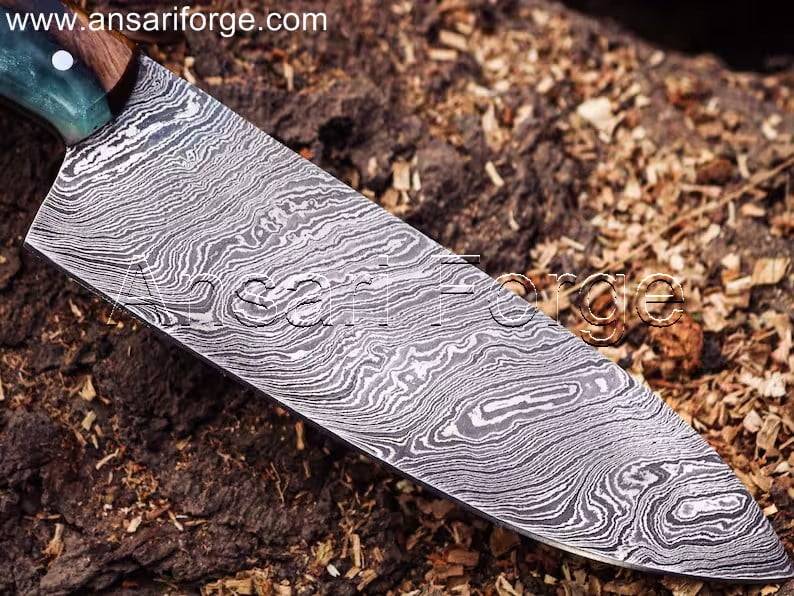 Hand-forged Damascus Chef Knife with Twist Pattern Blade, Stained Burl Wood Handle & Leather Sheath