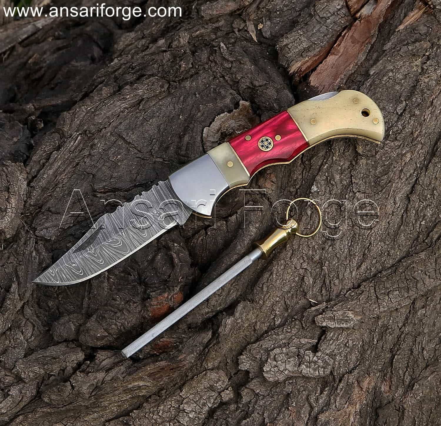 Damascus Folding Pocket Knife With Bone Handle & Leather Sheath