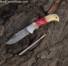 Damascus Folding Pocket Knife With Bone Handle & Leather Sheath