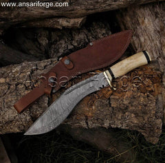 Damascus Kukri Knife , Bone Handle & Leather Sheath