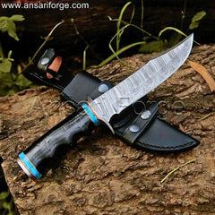 High-quality Damascus Hunting Knife with Twist Pattern Damascus Steel Blade, Leather Handle and Sheath.