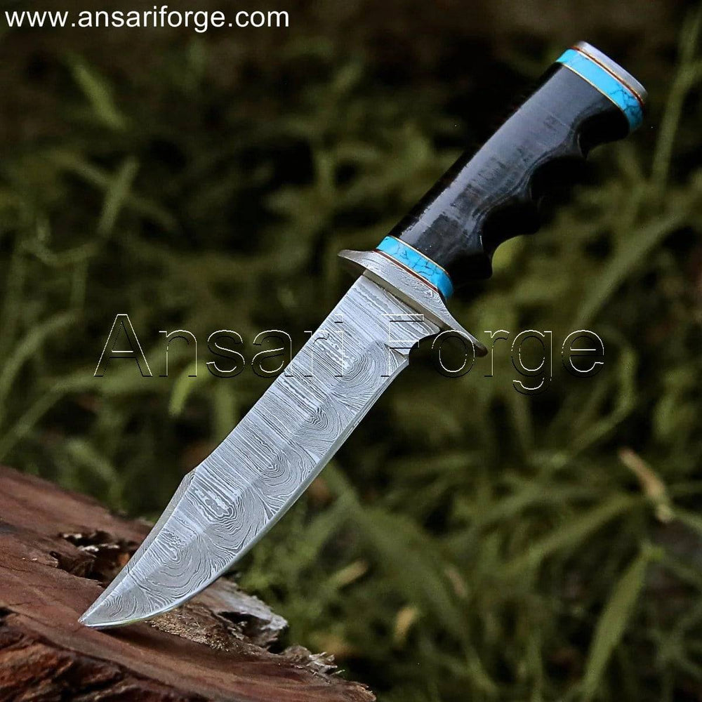 Forged Damascus Hunting Knife (1095 & 15N20 Steel) with 58 HRC Hardness, Fixed Blade, and Leather Handle.