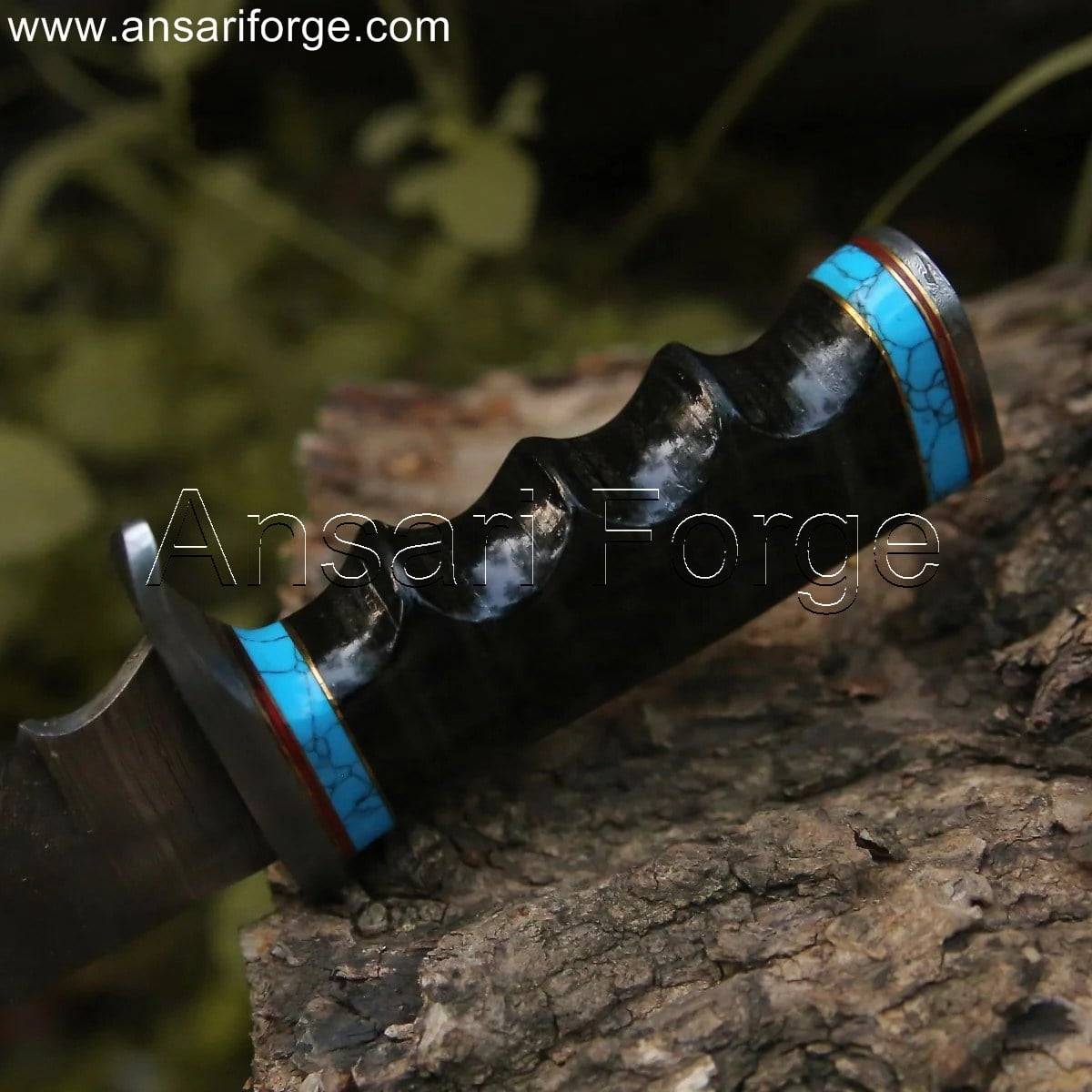 Forged Damascus Hunting Knife (1095 & 15N20 Steel) with 58 HRC Hardness, Fixed Blade, and Leather Handle.