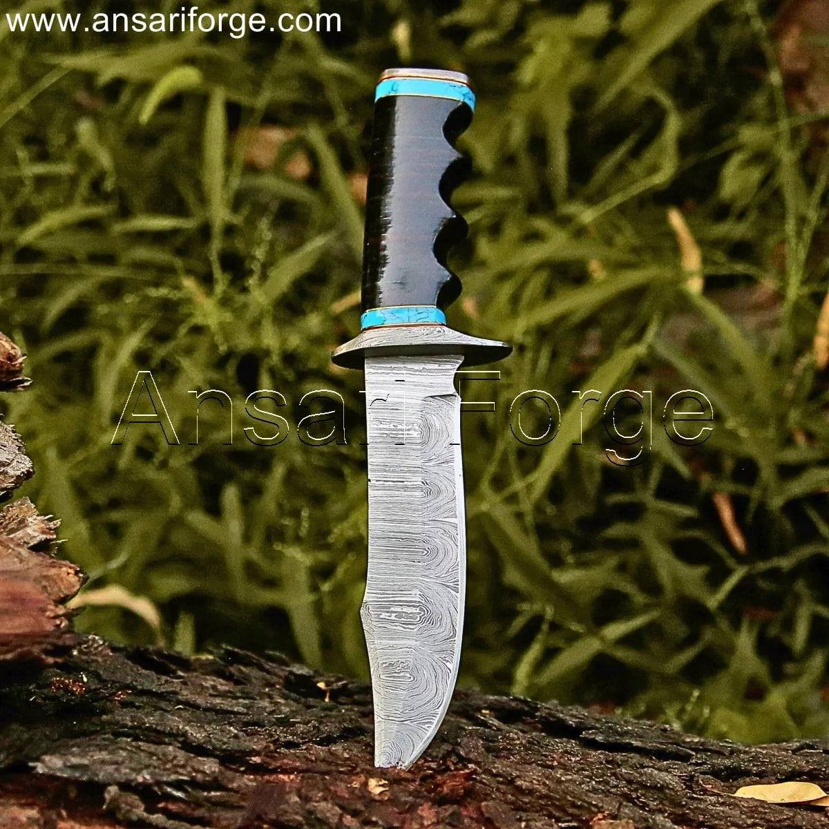 Beautiful Damascus Hunting Knife - Exquisite Twist Pattern Blade, Comfortable Leather Handle, Secure Leather Sheath.