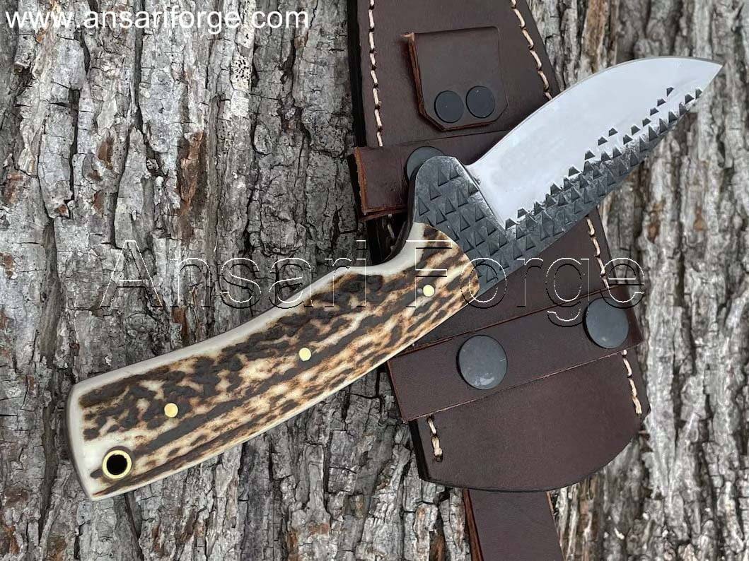 Hand Forged Knife With Deer Antler Handle And Scout Carry Leather Sheath