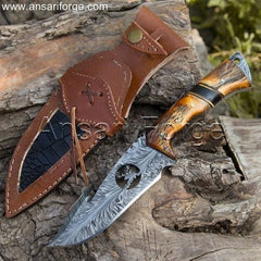 D Skinner 11" Best Handmade Damascus Hunting Knife With Gut Hook, Feather Pattern, Stag Handle & Leather Sheath