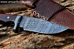 Hand Forged Damascus Knife With Twist pattern blade & Horizontal leather sheath