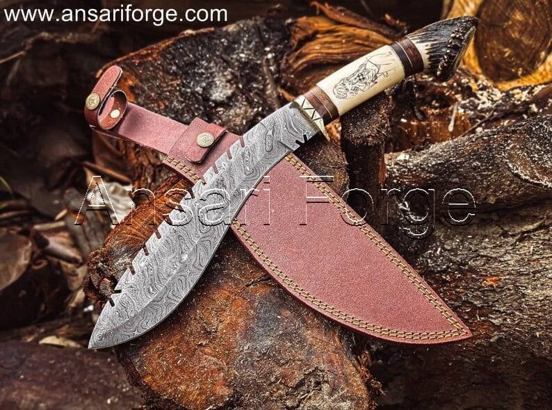 Damascus Steel Best Kukri Knife With Bone Stag Antler Handle & Leather Sheath