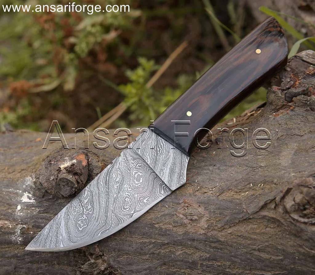 Handcrafted Damascus knife for Hunting, Skinning with twist pattern blade, Wenge wood handle, and leather sheath.