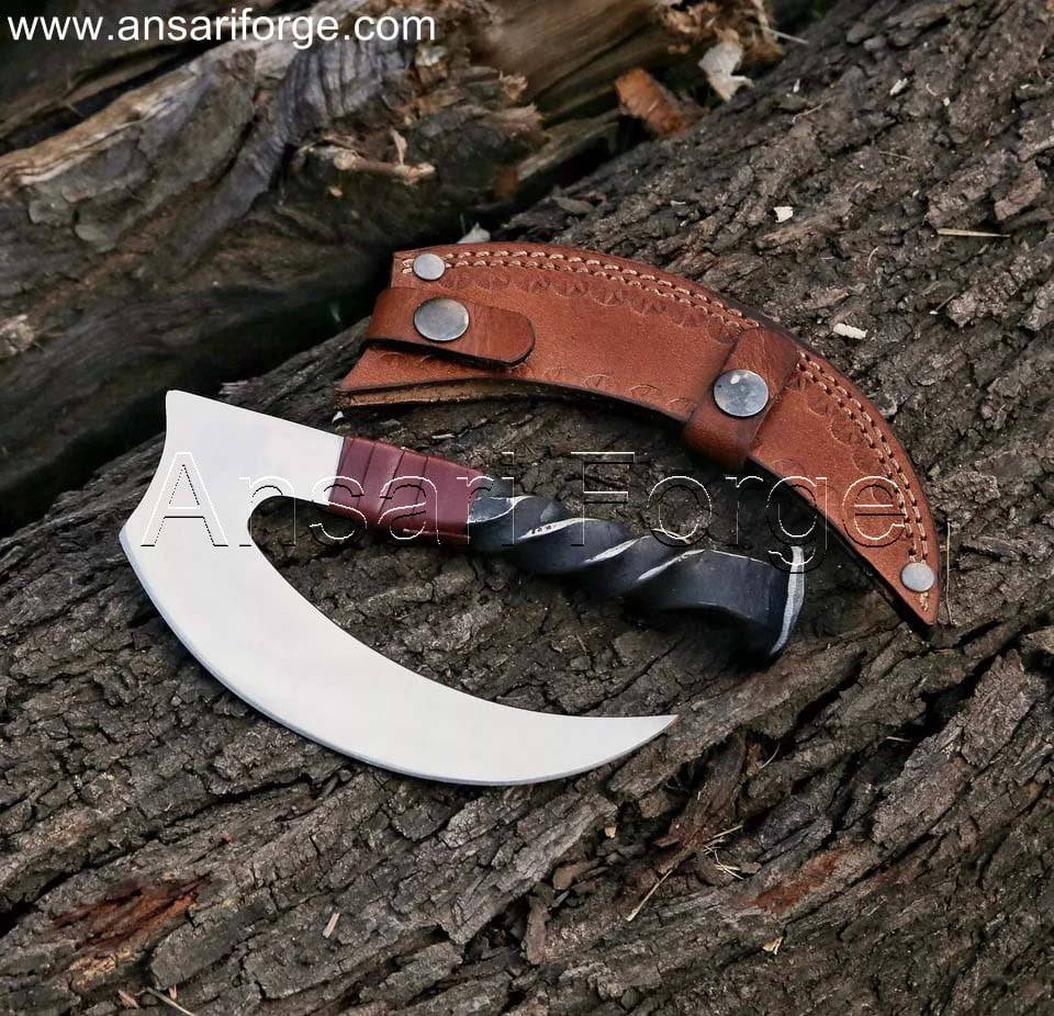 Hand-Forged Railroad Spike Knife - Premium 1095 High Carbon Steel, 60 HRC Hardness, Leather Wrapped Twist Handle, Cowhide Leather Sheath - Ideal for Hunting, Skinning, and Camping - Groomsmen Gift