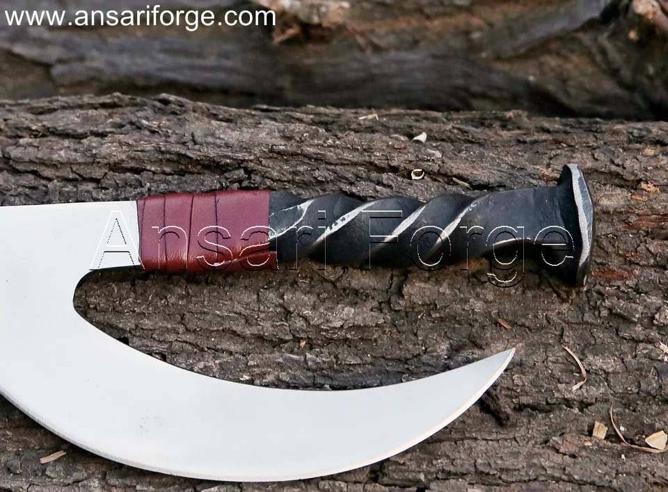 Railroad Spike Knife, crafted from 1095 high carbon steel for strength, featuring a comfortable leather-wrapped twist handle and a protective cowhide leather sheath.