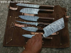 High-quality Damascus knife set with seven knives in a luxurious cowhide leather roll-up case.