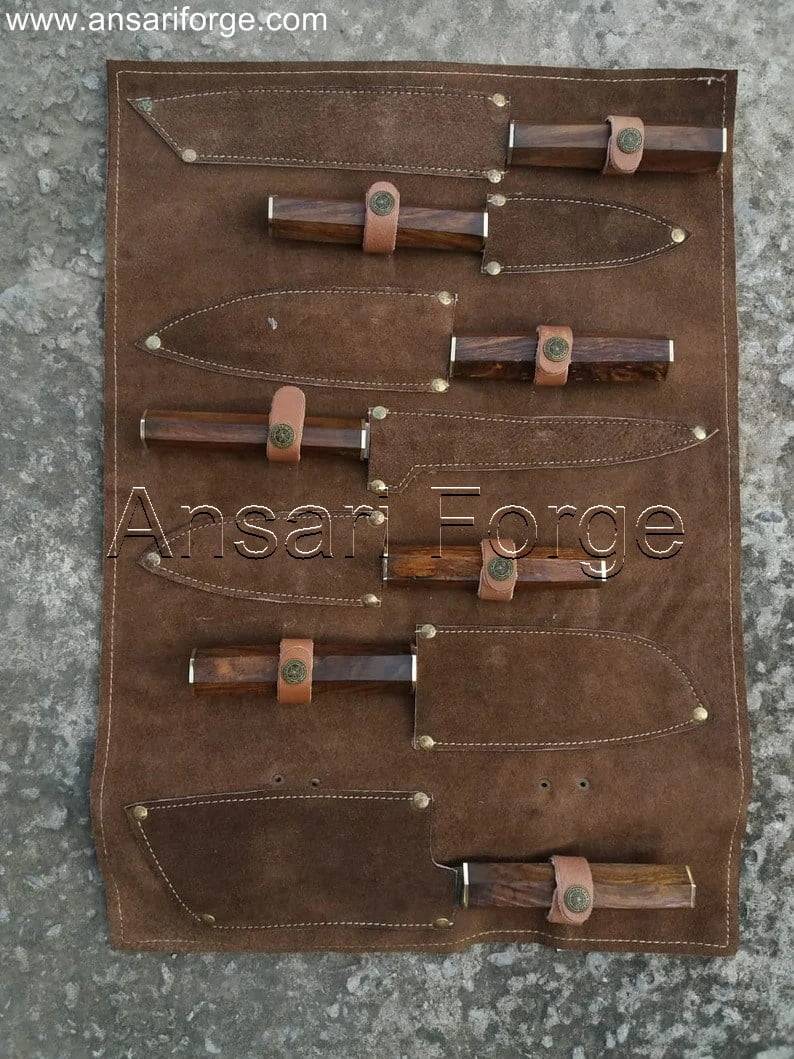 Premium cowhide leather roll bag for safe storage and transport of your Damascus knife set.