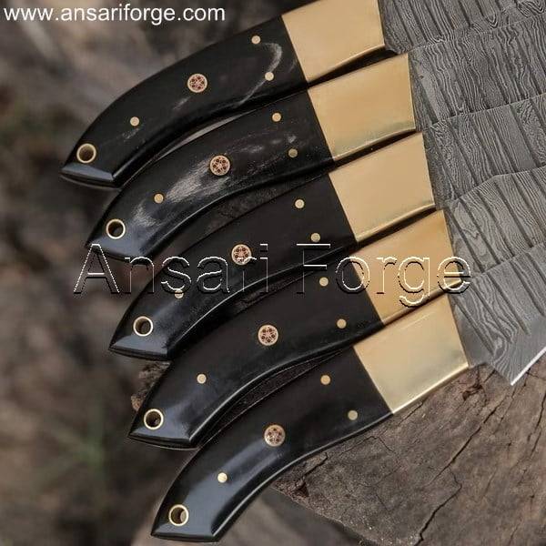 Pro Damascus Chef Knife Set featuring five beautifully crafted knives with Damascus steel blades and ergonomic buffalo horn handles, displayed in a luxurious leather roll bag.