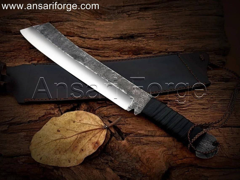 Survival machete knife, 5160 steel blade, leather handle, cowhide sheath.