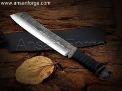 Survival machete knife, 5160 steel blade, leather handle, cowhide sheath.