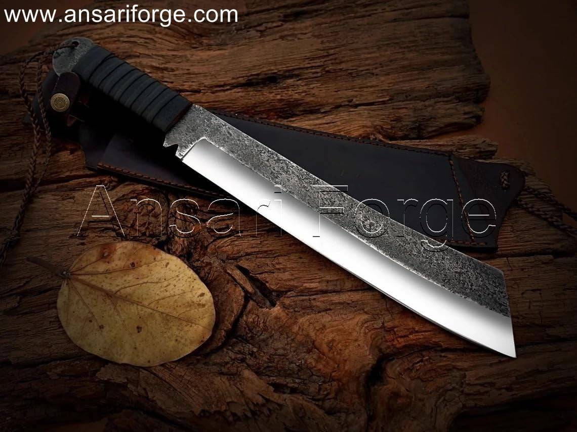 Hand-forged survival machete knife with a leather handle, perfect for outdoor survival and camping.