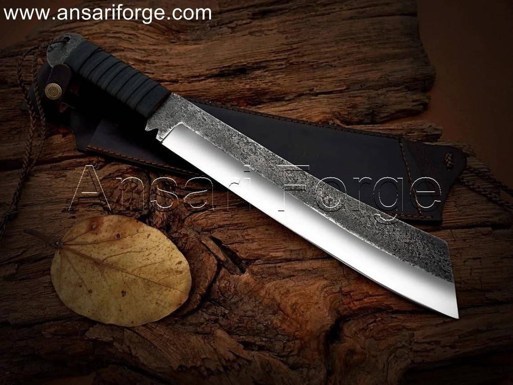 Hand-forged survival machete knife with a leather handle, perfect for outdoor survival and camping.
