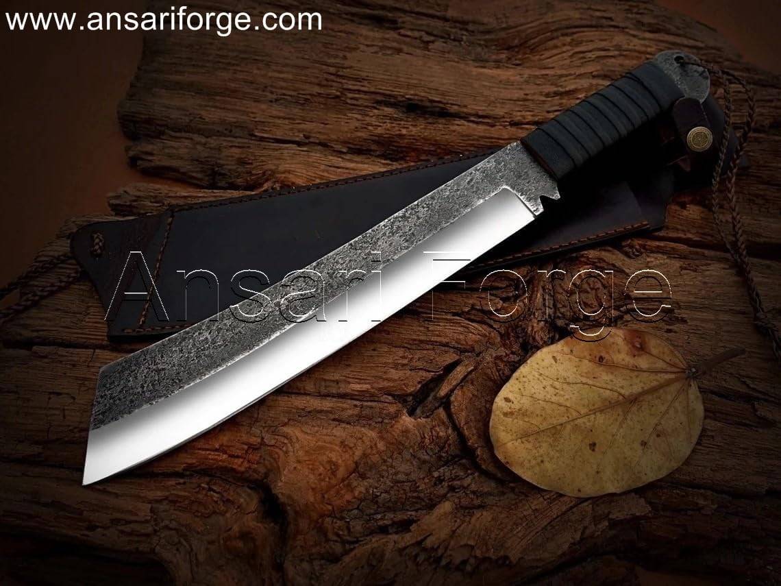 Heavy-duty survival machete for wilderness tasks like chopping wood, clearing brush, and building shelters.