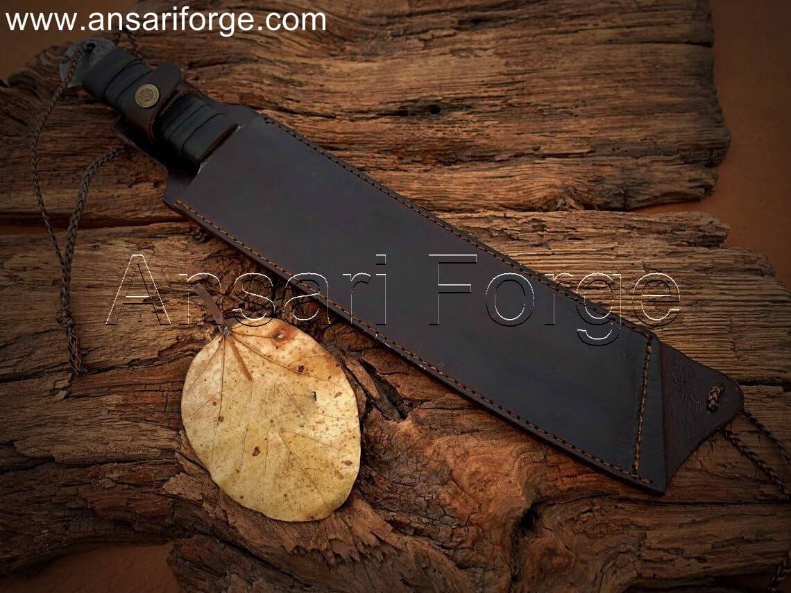 Sharp survival machete knife with a leather-wrapped handle, ideal for chopping, clearing brush, and various outdoor tasks stay in brown leather sheath.