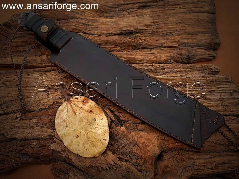 Sharp survival machete knife with a leather-wrapped handle, ideal for chopping, clearing brush, and various outdoor tasks stay in brown leather sheath.