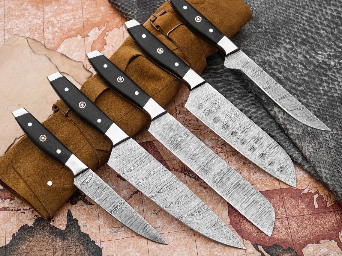 Chef Knife Set Damascus Steel with Twist Pattern and Black Pakka Wood Handles.