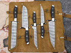 Professional Knives Set For Kitchen - Damascus Steel Chef Knives with Leather Roll Bag.