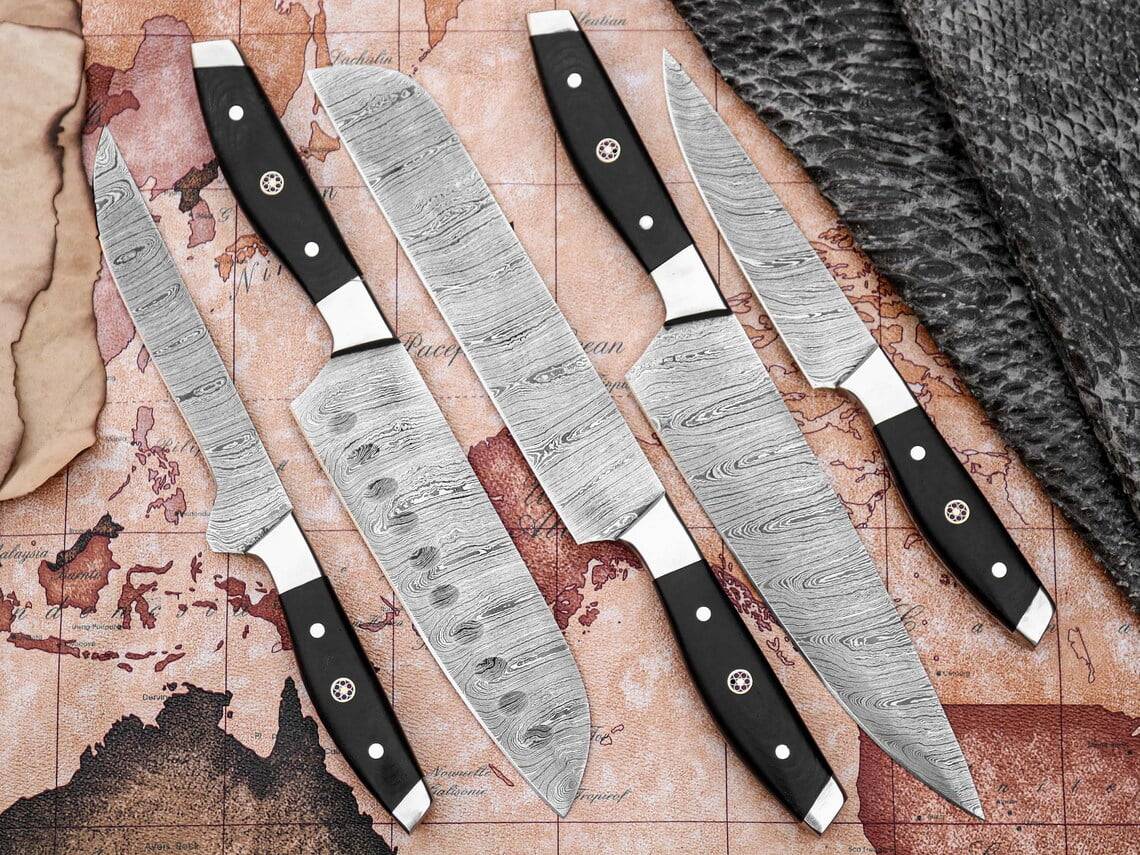 Chef Knife Set Damascus Steel with Black Pakka Wood Handles And Roll Bag.