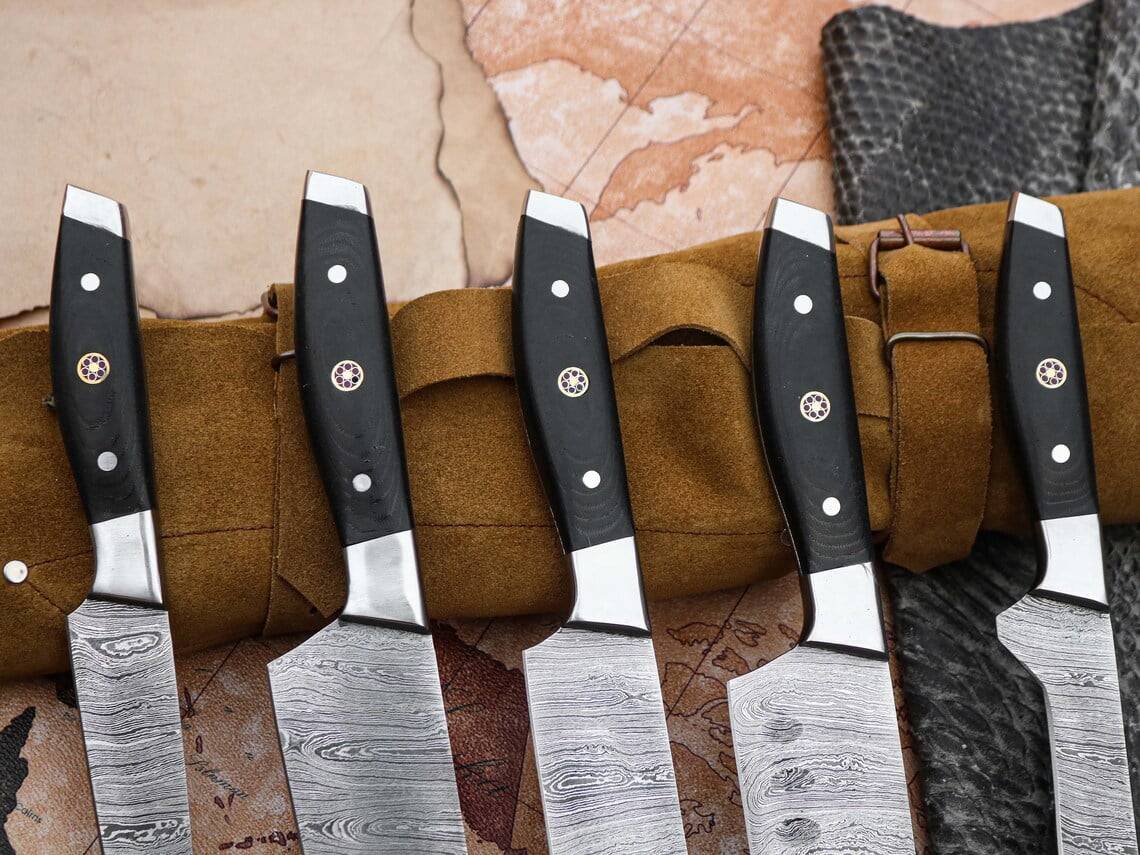 Damascus Steel Chef Knife Set 5 Kitchen Knives With Roll Bag